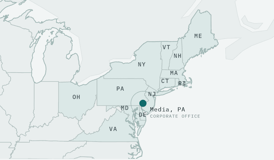 Map showing AET's environmental consulting service area from Virginia to Maine and New Jersey to Ohio
